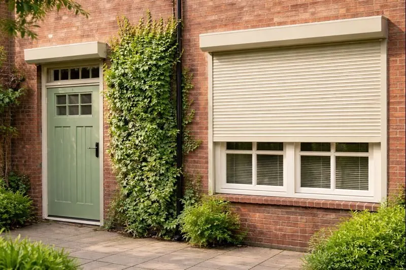 Security roller shutter on brick building